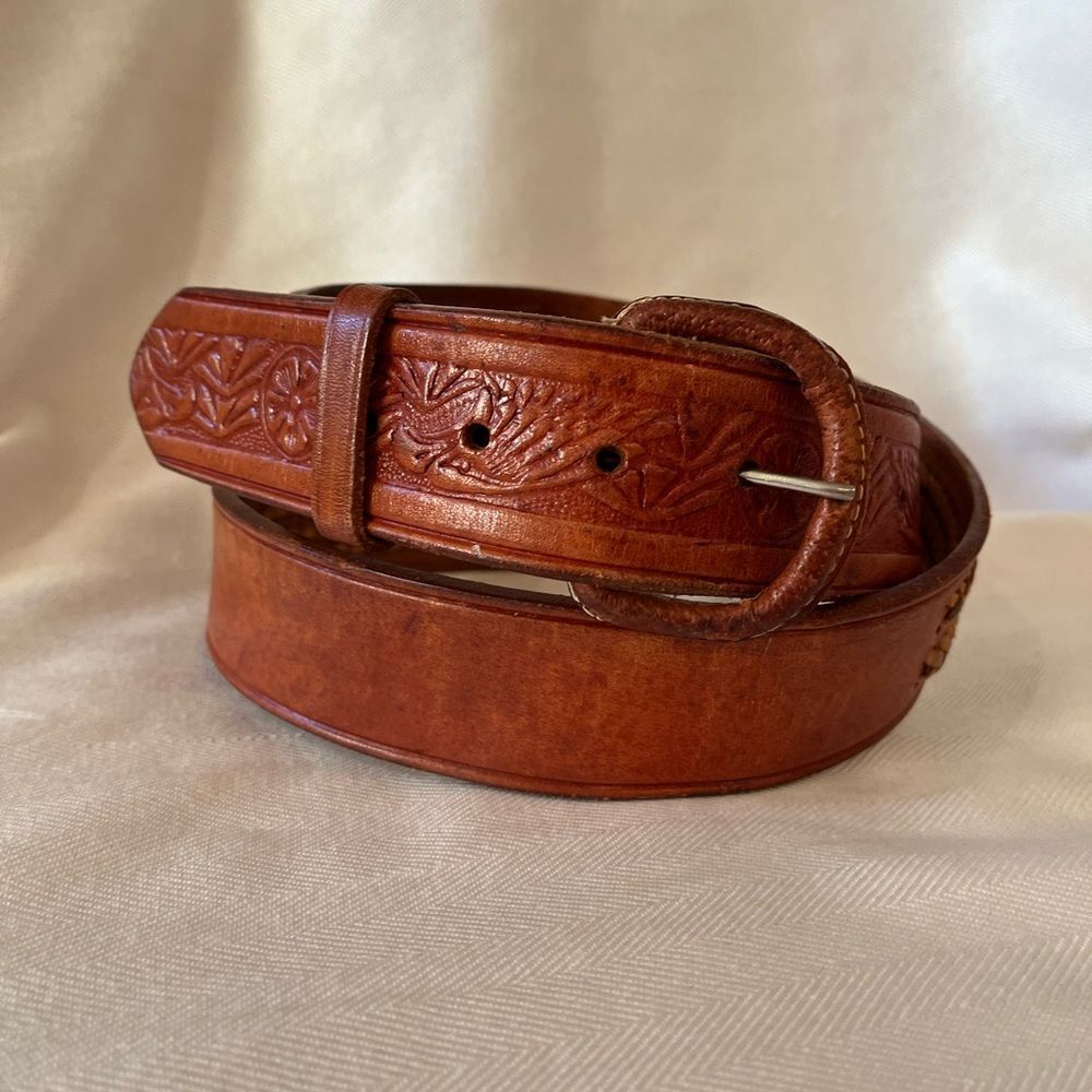 Latorre Bald Eagle hand tooled western leather belt, woven braided detail 40”